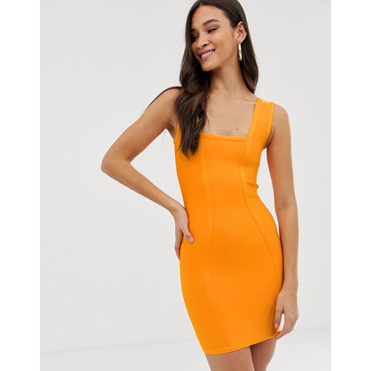 Sukienka pomarańczowy The Girlcode gładka elegancka na ramiączkach dopasowana 