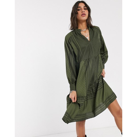 Only – Luźna sukienka khaki z abstrakcyjnym wzorem-Zielony
