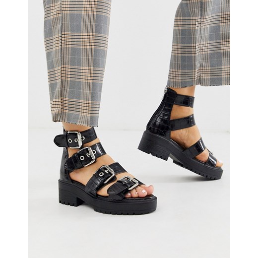 ASOS DESIGN - Fixation - Ciężkie, czarne sandały na grubej podeszwie ze wzorem krokodylej skóry-Czarny