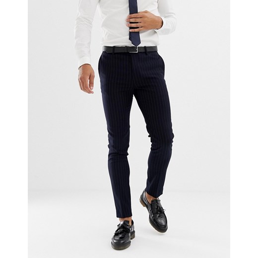 Avail London – Granatowe dopasowane spodnie garniturowe w prążki-Granatowy