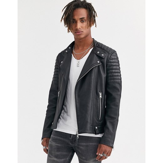 AllSaints - Jasper - Czarna kurtka typu biker ze skóry-Czarny