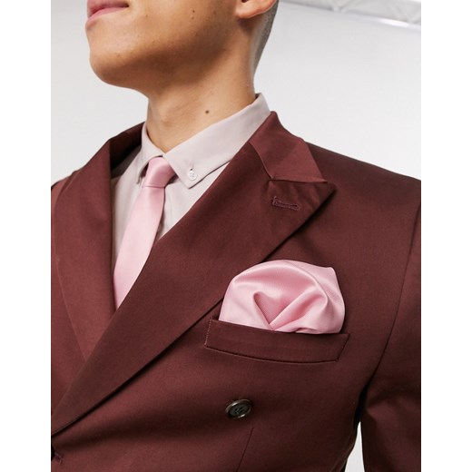 ASOS DESIGN – Różowy satynowy wąski krawat z poszetką