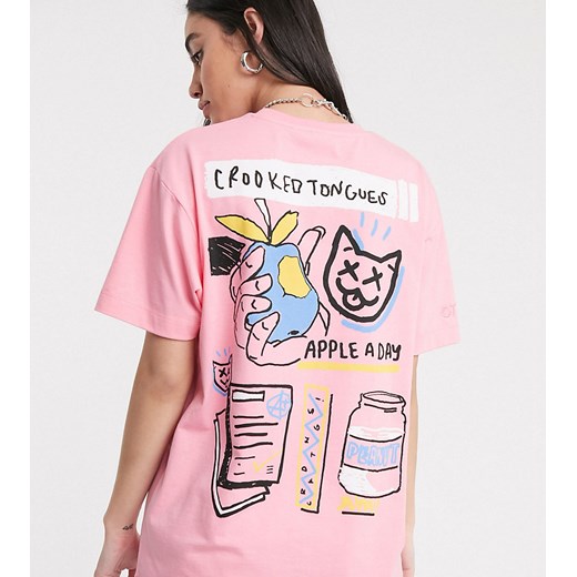 Crooked Tongues – Różowy t-shirt oversize z nadrukiem na plecach