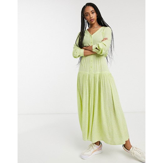 Sukienka zielona Monki rozkloszowana maxi z długim rękawem 