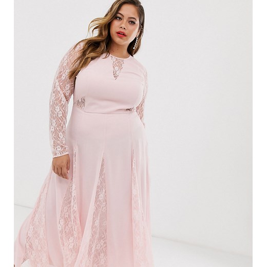 ASOS DESIGN – Curve – Sukienka o długości midi z długim rękawem i koronkową górą-Różowy
