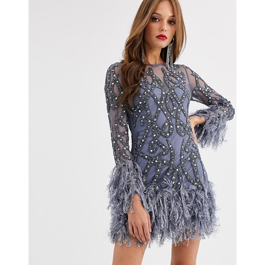 ASOS EDITION – Sukienka mini zdobiona kryształkami z dołem ze sztucznych piór-Niebieski