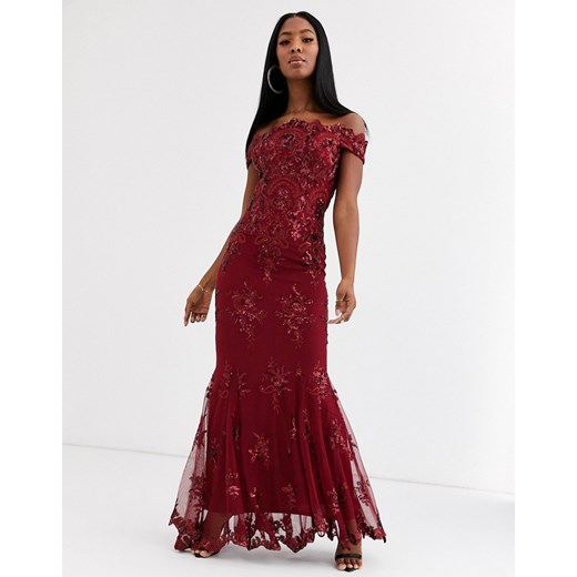 Goddiva – Czerwona sukienka maxi z barokowymi zdobieniami-Czerwony