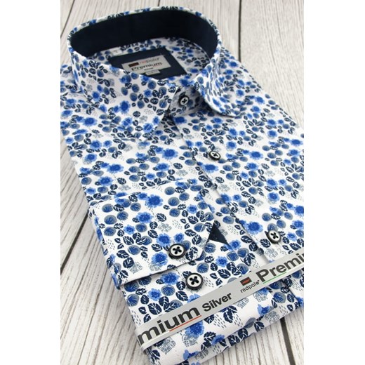 Koszula Męska Redpolo biała w niebieskie kwiaty z długim rękawem w kroju SLIM FIT A454    swiat-koszul.pl