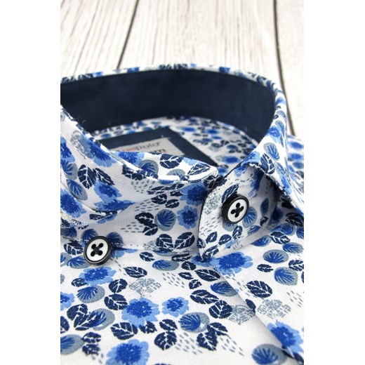 Koszula Męska Redpolo biała w niebieskie kwiaty z długim rękawem w kroju SLIM FIT A454    swiat-koszul.pl
