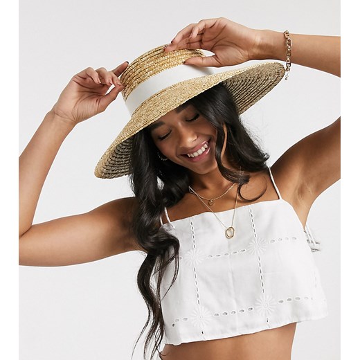 South Beach – Słomiany kapelusz z wywiniętym brzegiem oraz wymiennymi wstążkami w kremowym i czarnym kolorze, tylko w ASOS-Neutralne