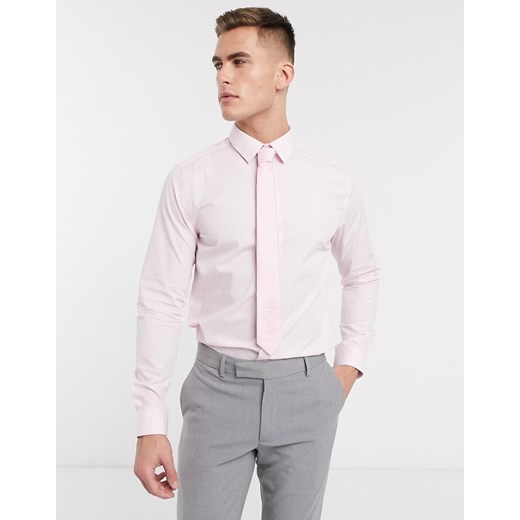 Koszula męska New Look bez wzorów różowa z klasycznym kołnierzykiem 