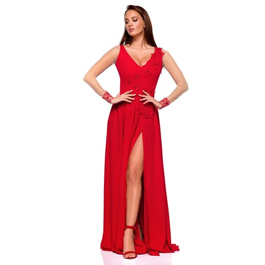 DELIA RED- Czerwona długa suknia z haftem