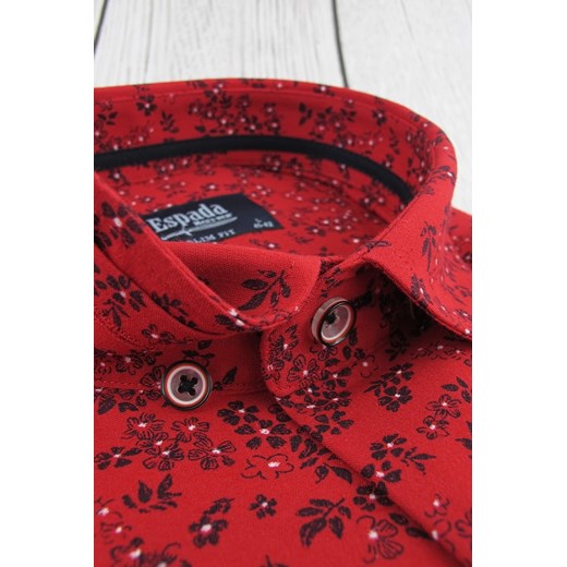 Koszula Męska Espada czerwona w kwiaty z długim rękawem w kroju SLIM FIT A470  Espada  swiat-koszul.pl