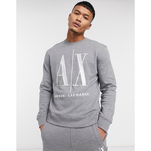 Armani Exchange – Icon AX – Szara bluza dresowa z dużym logo i okrągłym dekoltem-Szary
