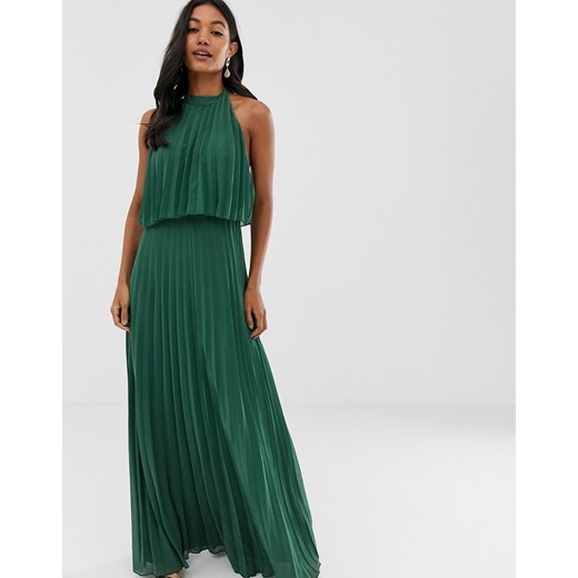 ASOS DESIGN - Plisowana sukienka maxi z dekoltem typu halter i wiązaniem przy szyi-Zielony Asos Design 38 Asos Poland