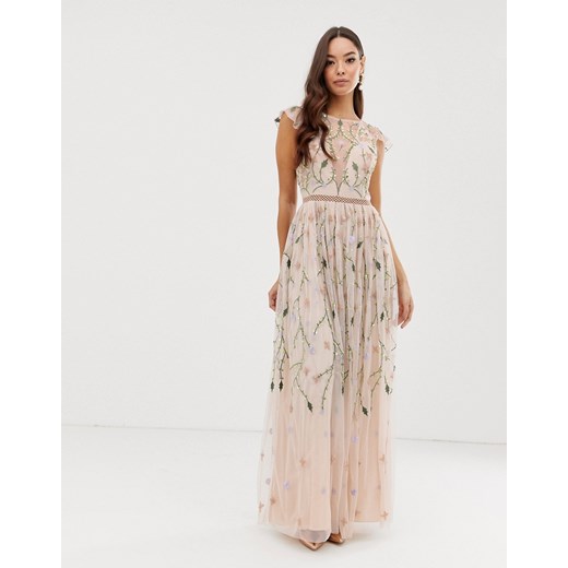 ASOS DESIGN – Sukienka maxi w haftowane kwiaty z siateczką i cekinami-Wielokolorowy Asos Design 42 Asos Poland