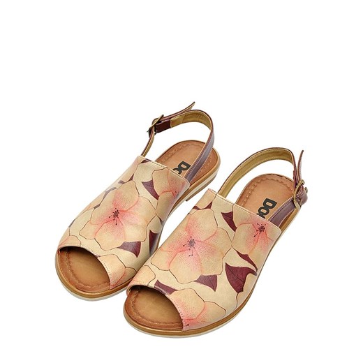 Dogo sandały damskie brązowe z klamrą casual płaskie w kwiaty 