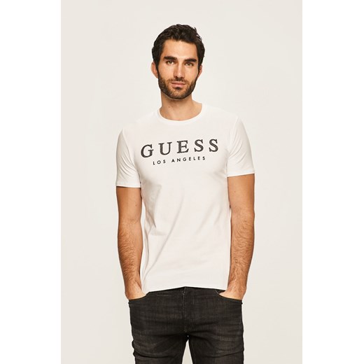 T-shirt męski biały Guess Jeans z napisami bawełniany 