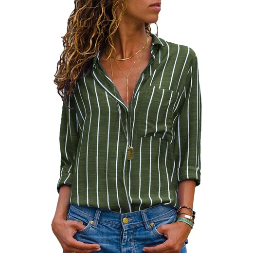 Koszula damska Elegrina zielona z długim rękawem w paski 