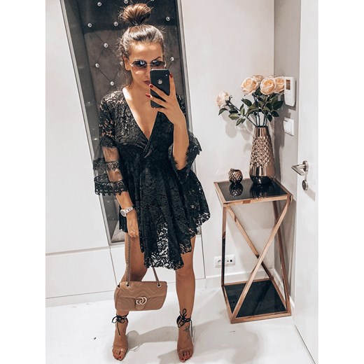 Sukienka asymetryczna z długimi rękawami boho na sylwestra mini w serek