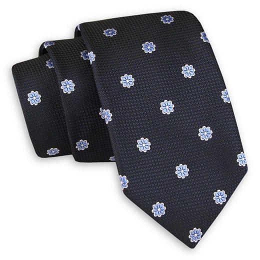 Ciemny Granatowy Elegancki Krawat -Angelo di Monti- 6 cm, Męski, w Niebieskie Kwiatki KRADM1694 Angelo Di Monti   JegoSzafa.pl