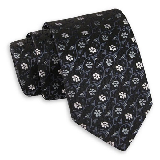 Czarny Klasyczny Szeroki Krawat w Szare Kwiatki -Angelo di Monti- 7 cm, Męski, Elegancki KRADM1686 Angelo Di Monti   JegoSzafa.pl