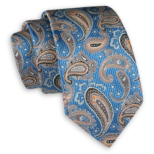 Niebieski Elegancki Krawat w Beżowy Wzór Paisley -Angelo di Monti- 6 cm, Męski, Łezki, Nerki KRADM1696 Angelo Di Monti   JegoSzafa.pl