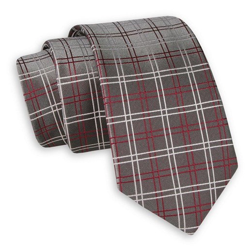 Szary Elegancki Krawat -Angelo di Monti- 6 cm, Męski, w Grubą Czerwono-Białą Kratkę KRADM1724 ze sklepu JegoSzafa.pl w kategorii Krawaty - zdjęcie 82283693