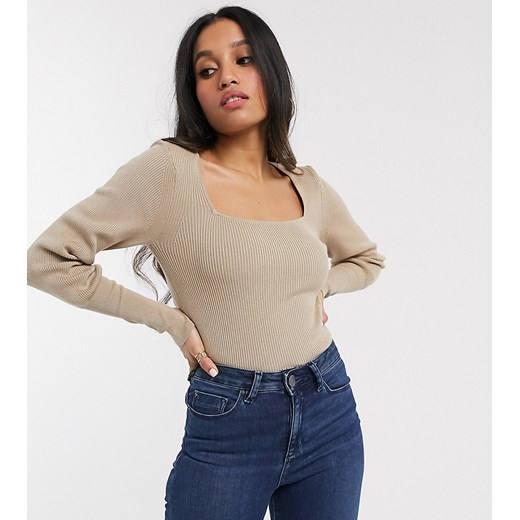 Vero Moda Petite – Jasnobrązowa bluzka z dzianiny w prążki z kwadratowym dekoltem-Kremowy Vero Moda Petite  XL Asos Poland