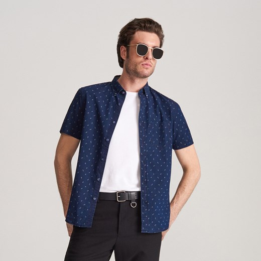 Reserved - Jeansowa koszula z drobnym wzorem - Granatowy  Reserved L 