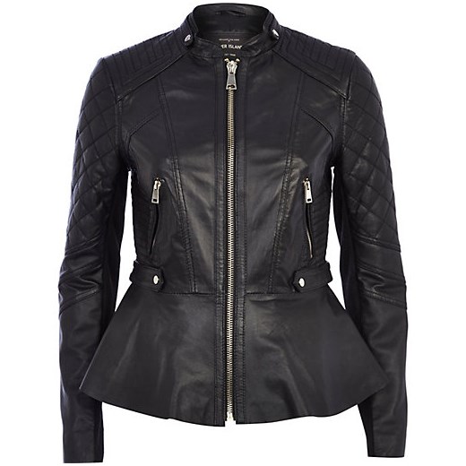 Black leather peplum jacket river-island czarny skórzane