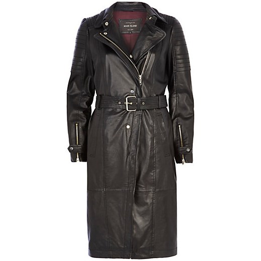 Black leather biker trench coat river-island szary skórzane