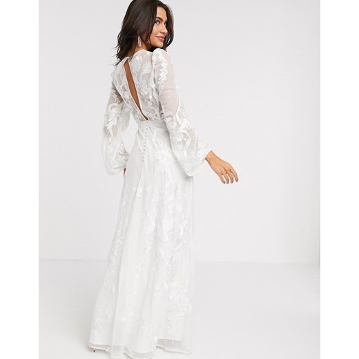Sukienka Asos rozkloszowana elegancka biała z długim rękawem z haftami 