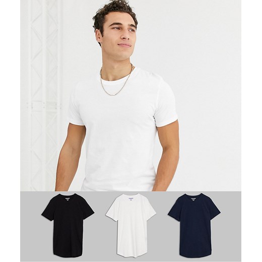 Jack & Jones Originals – Zestaw 3 T-shirtów o wydłużonym fasonie z zaokrąglonym dołem w różnych kolorach-Wielokolorowy