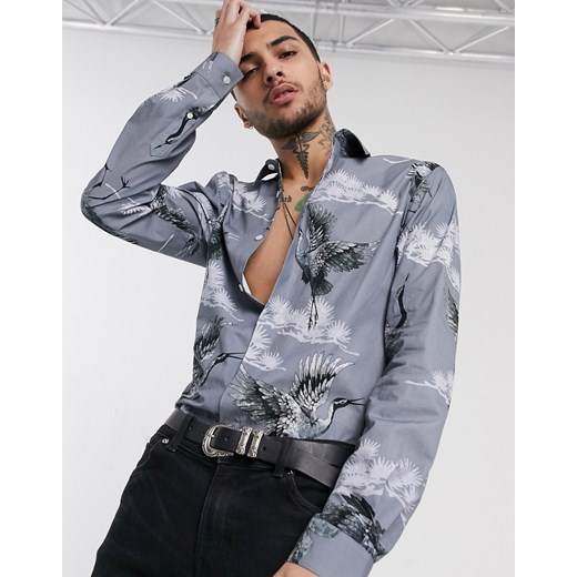 Twisted Tailor – Szara koszula ze wzorem w żurawie-Szary Twisted Tailor M Asos Poland