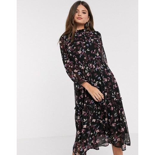 Vero Moda – Warstwowa sukienka midi z półgolfem i fioletowym kwiatowym nadrukiem-Wielokolorowy Vero Moda  M Asos Poland