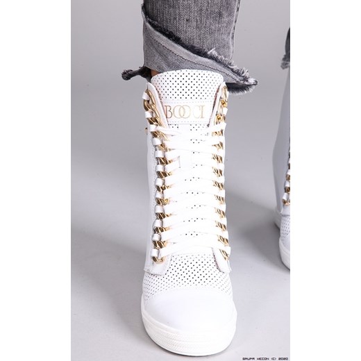 Buty sportowe damskie białe Booci w stylu młodzieżowym sznurowane bez wzorów skórzane 