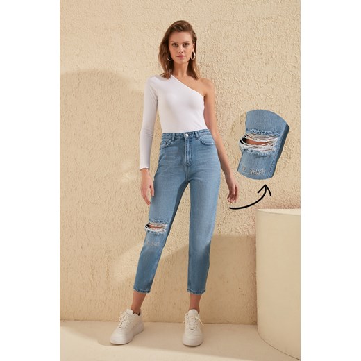 Trendyol Blue Embroidery Ripped High Waist Mom Jeans  Trendyol 38 Factcool