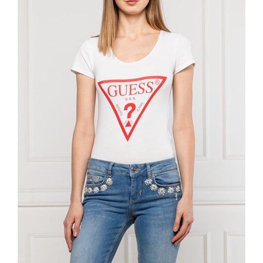 Bluzka damska Guess w stylu młodzieżowym z okrągłym dekoltem z krótkimi rękawami z napisami 