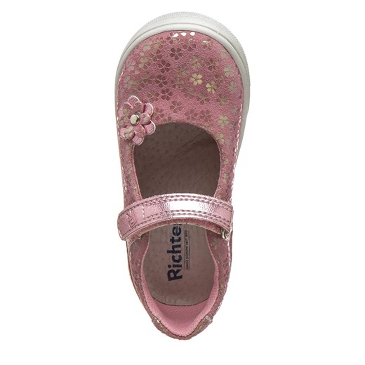 Balerinki dziecięce Richter Shoes ze skóry różowe na rzepy z aplikacją 