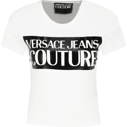 Bluzka damska biała Versace Jeans z krótkimi rękawami młodzieżowa z napisami 