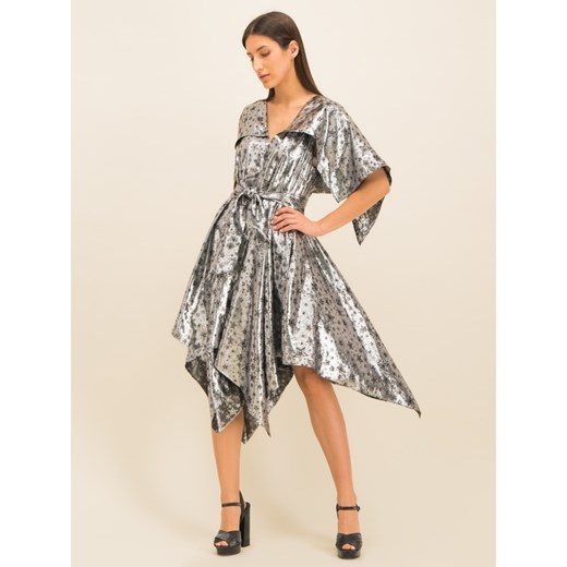 Sukienka Tommy Hilfiger srebrna z krótkimi rękawami na sylwestra mini asymetryczna 