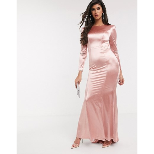 Bariano – Dopasowana połyskująca sukienka maxi z długim rękawem w kolorze różowego złota-Różowy Bariano  42 okazja Asos Poland 