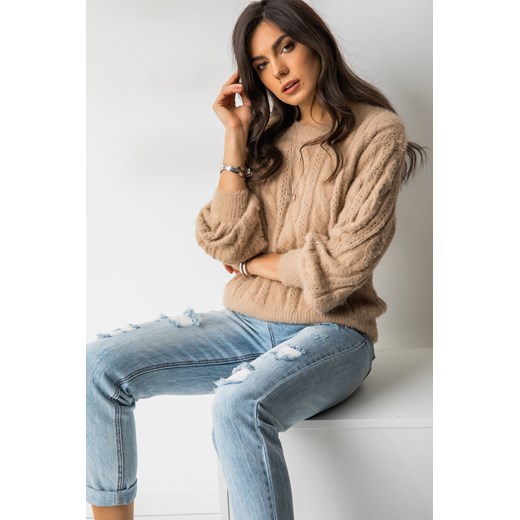 Sweter damski brązowy Fashion Manufacturer z okrągłym dekoltem 