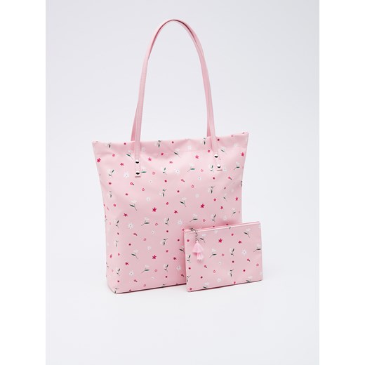 Shopper bag Sinsay różowa z nadrukiem na ramię 
