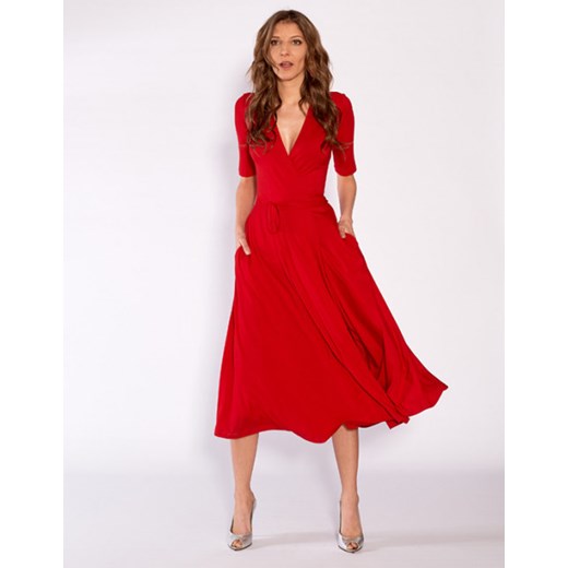 Sukienka Risk Made In Warsaw czerwona na wiosnę z dekoltem w literę v z długim rękawem gładka 
