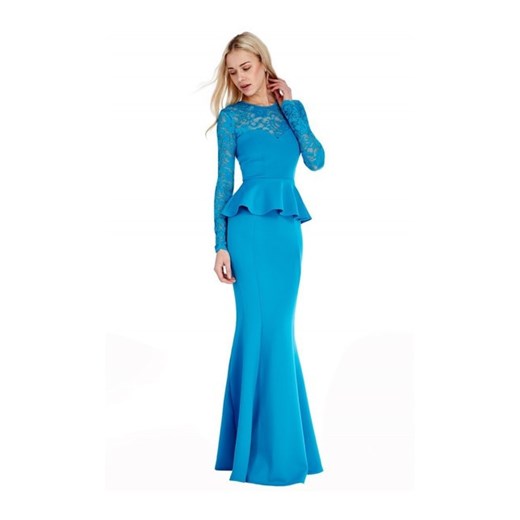 Sukienka maxi z okrągłym dekoltem niebieska z długim rękawem 