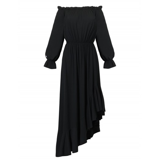 Sukienka Madnezz czarna z dekoltem typu hiszpanka z długimi rękawami na co dzień bez wzorów 