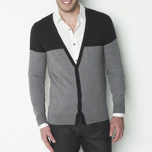 Sweter zapinany na guziki, dekolt w kształcie litery „V”, kontrastowe zestawienie kolorów, bawełna i jedwab la-redoute-pl szary bawełniane