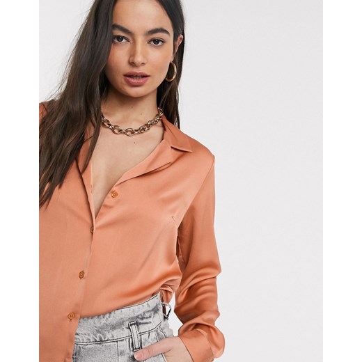 ASOS DESIGN – Brzoskwiniowa satynowa luźna koszula z długim rękawem-Bezbarwny